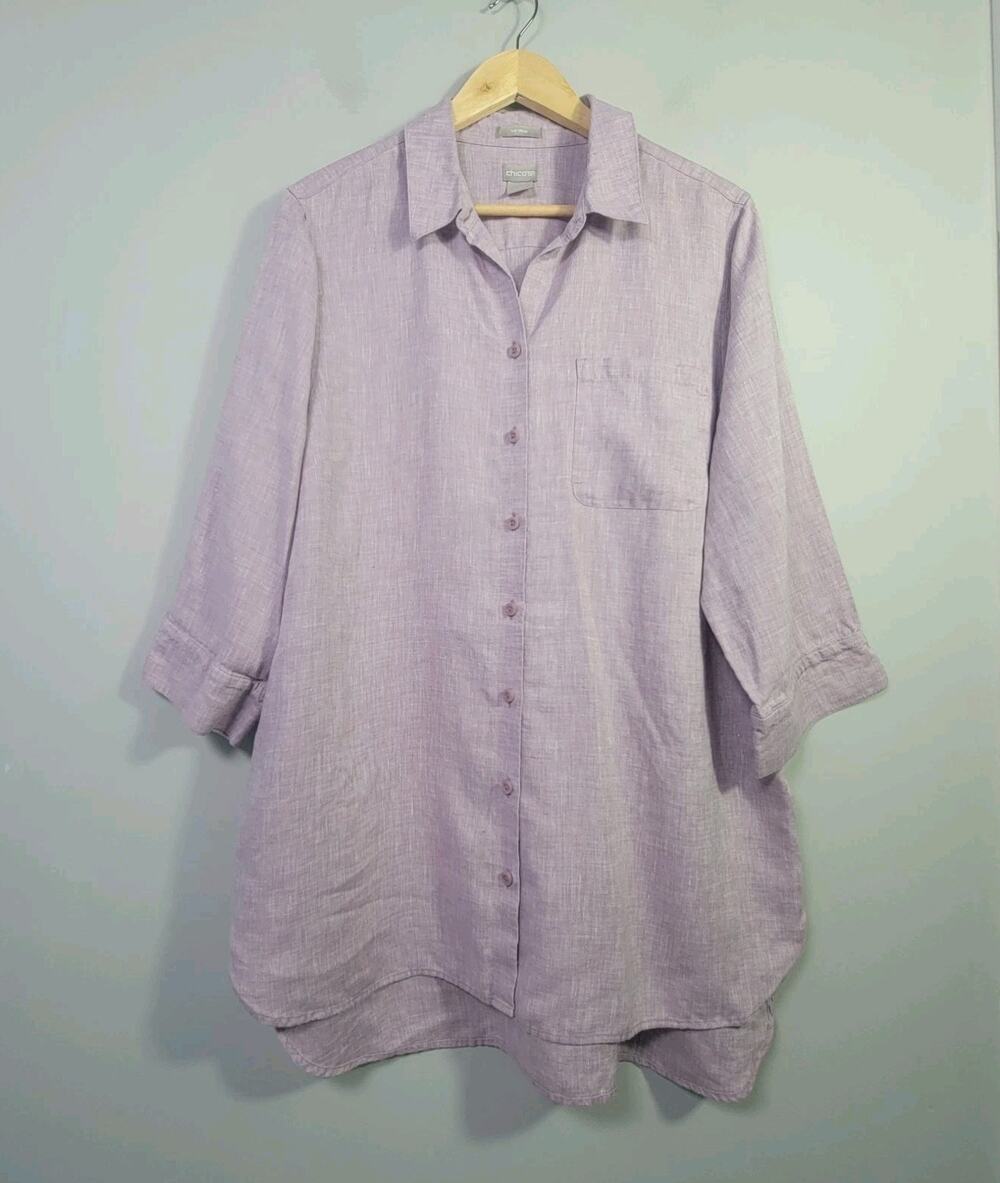 Chicos 3 Linen No Iron 3/4 Sleeve Button Front Shirt Blouse Lilac